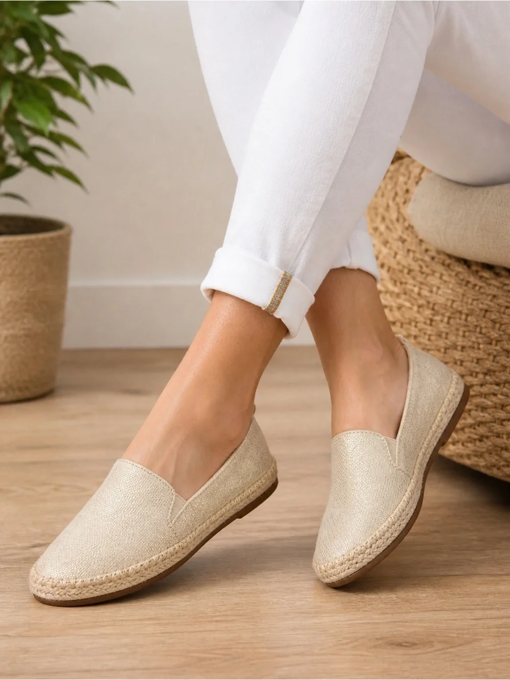 Sperry Gold Shimmer Espadrille Flats Women’s Slip On Jute Trim Casual